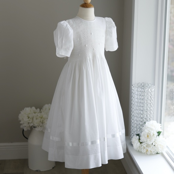 Strasburg Dress White Heirloom Smocked Flower Girl Special Occasion Portrait - Picture 2 of 7